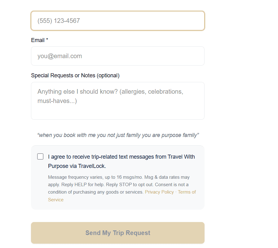 SMS consent checkbox on the Dream Trip Quiz intake form